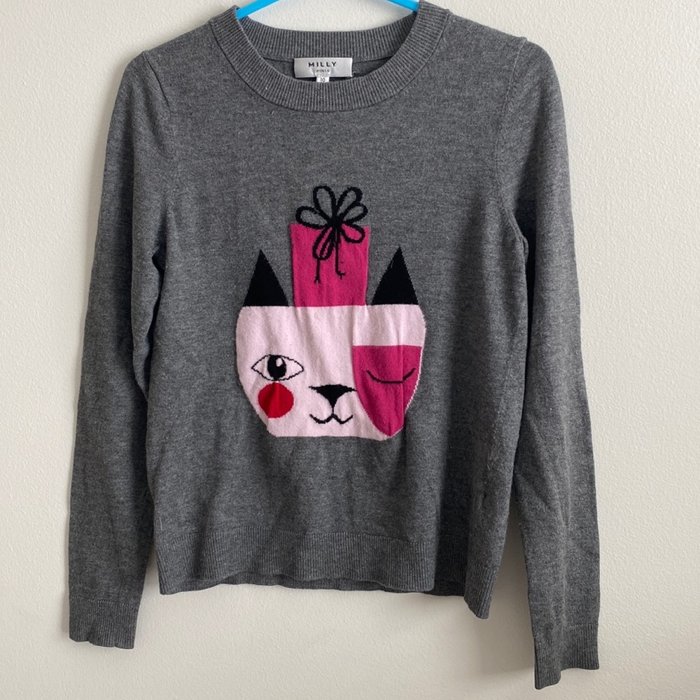 Milly Minis Gray Cat Present Sweater size 10 girls (birthday)